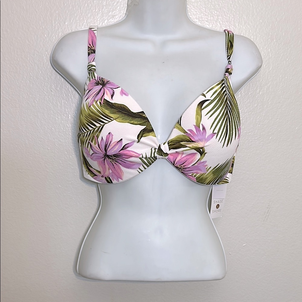 Shade & Shore Floral Bikini Top with Pink and Green Accents